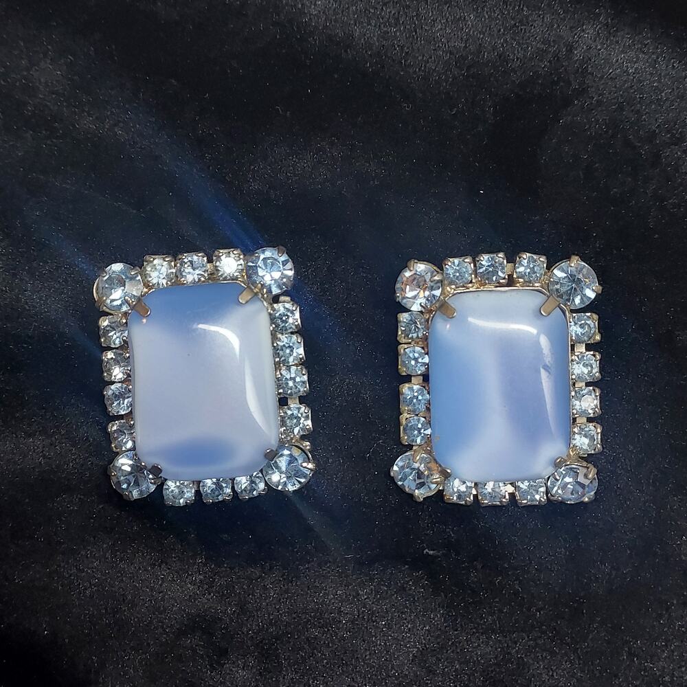 Vintage Blue Rhinestone Clip On Earrings Moon Glow Rectangle Glam
